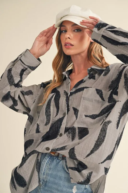 Hazel Blues® |  Aemi   Co High-Low Printed Button Up Long Sleeve Shirt