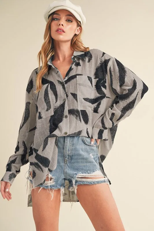 Hazel Blues® |  Aemi   Co High-Low Printed Button Up Long Sleeve Shirt