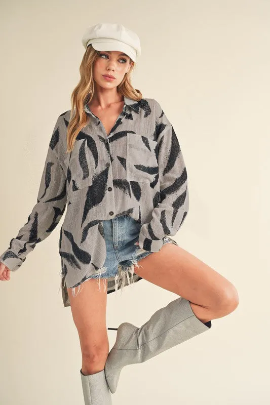 Hazel Blues® |  Aemi   Co High-Low Printed Button Up Long Sleeve Shirt