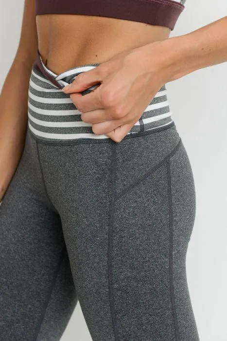 Heather Gray Striped High Waist Leggings with Burgundy Accent