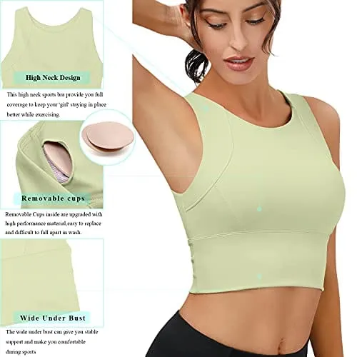 High Neck Sports Bra for Women Longline Full Coverage Sports Bras Medium Impact Padded Workout Crop Tops for Yoga Gym