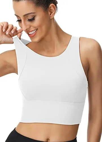 High Neck Sports Bra for Women Longline Full Coverage Sports Bras Medium Impact Padded Workout Crop Tops for Yoga Gym