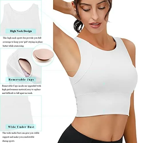High Neck Sports Bra for Women Longline Full Coverage Sports Bras Medium Impact Padded Workout Crop Tops for Yoga Gym