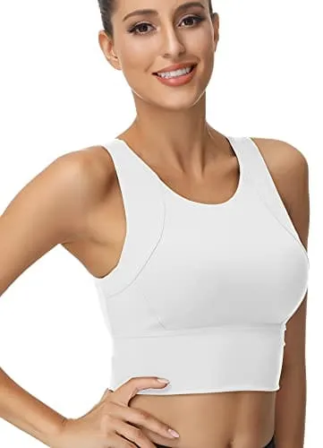 High Neck Sports Bra for Women Longline Full Coverage Sports Bras Medium Impact Padded Workout Crop Tops for Yoga Gym