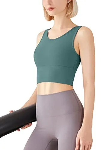 High Neck Sports Bra for Women Longline Low Back Sports Bras Medium Impact Padded Workout Crop Tops for Yoga Gym