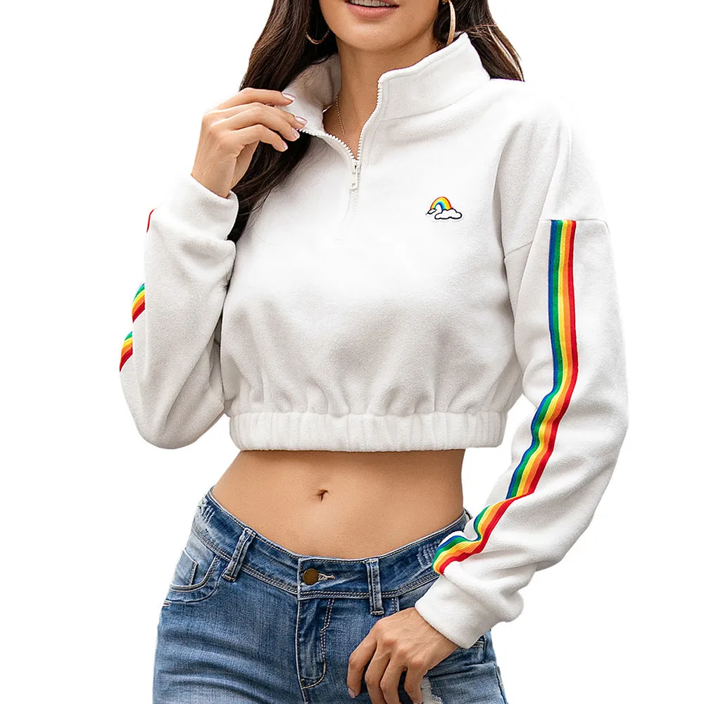High quality  women's 1/4 Zipper Hoodie Striped Sleeve Sweatshirt Crop Fleece Hoodies