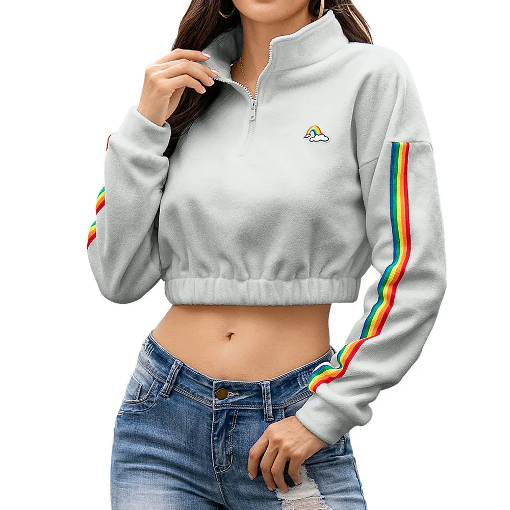High quality  women's 1/4 Zipper Hoodie Striped Sleeve Sweatshirt Crop Fleece Hoodies