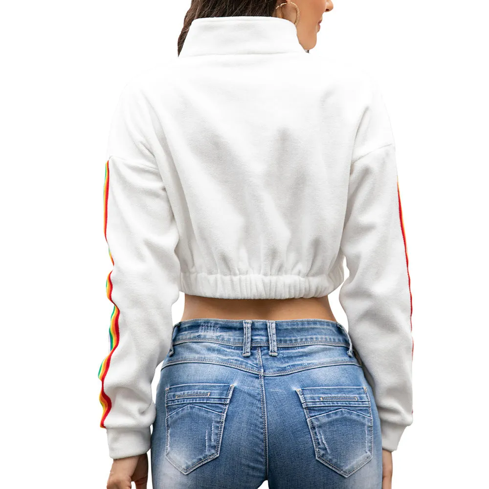 High quality  women's 1/4 Zipper Hoodie Striped Sleeve Sweatshirt Crop Fleece Hoodies