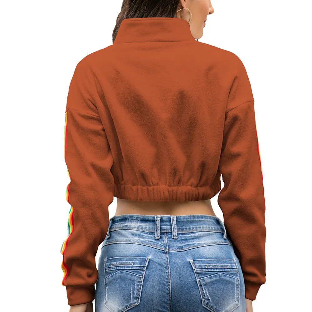 High quality  women's 1/4 Zipper Hoodie Striped Sleeve Sweatshirt Crop Fleece Hoodies