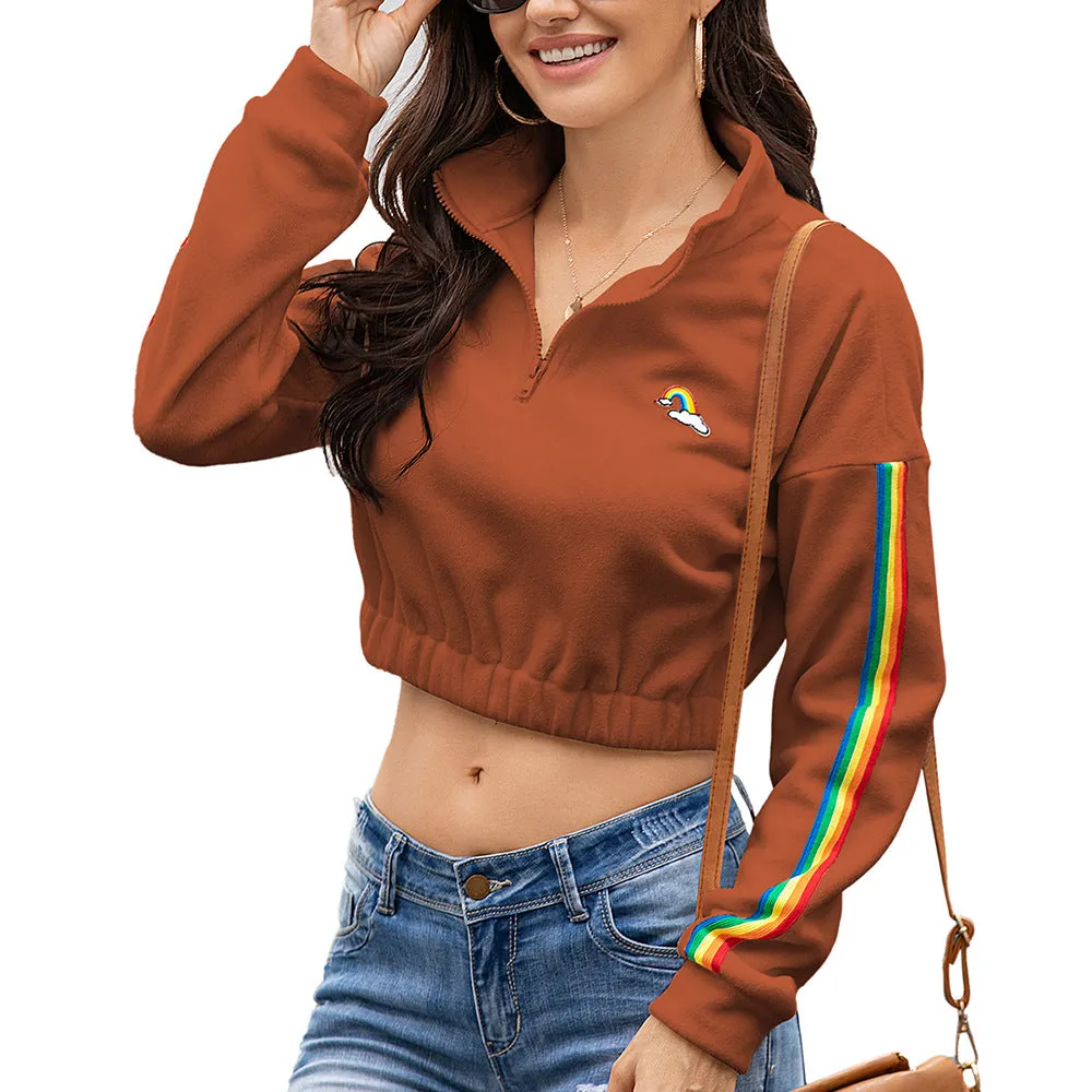 High quality  women's 1/4 Zipper Hoodie Striped Sleeve Sweatshirt Crop Fleece Hoodies