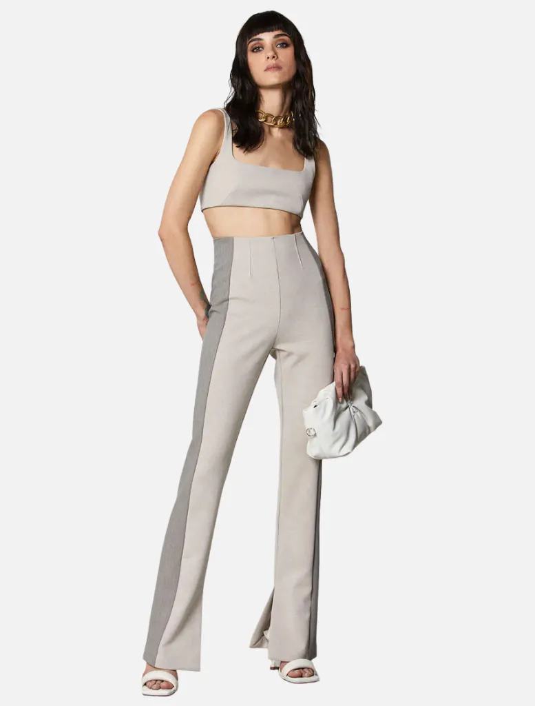 High Waisted Colour Block Slim Pants - Grey
