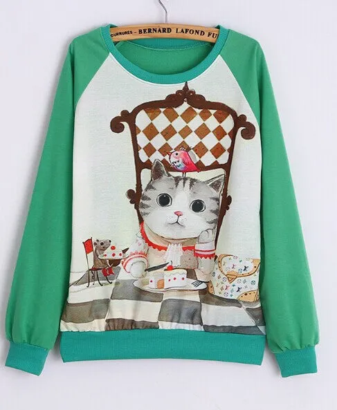 Hoody women Casual hoodies cat kiss fish print tracksuit long sleeve o neck letters sweatshirt for women Top
