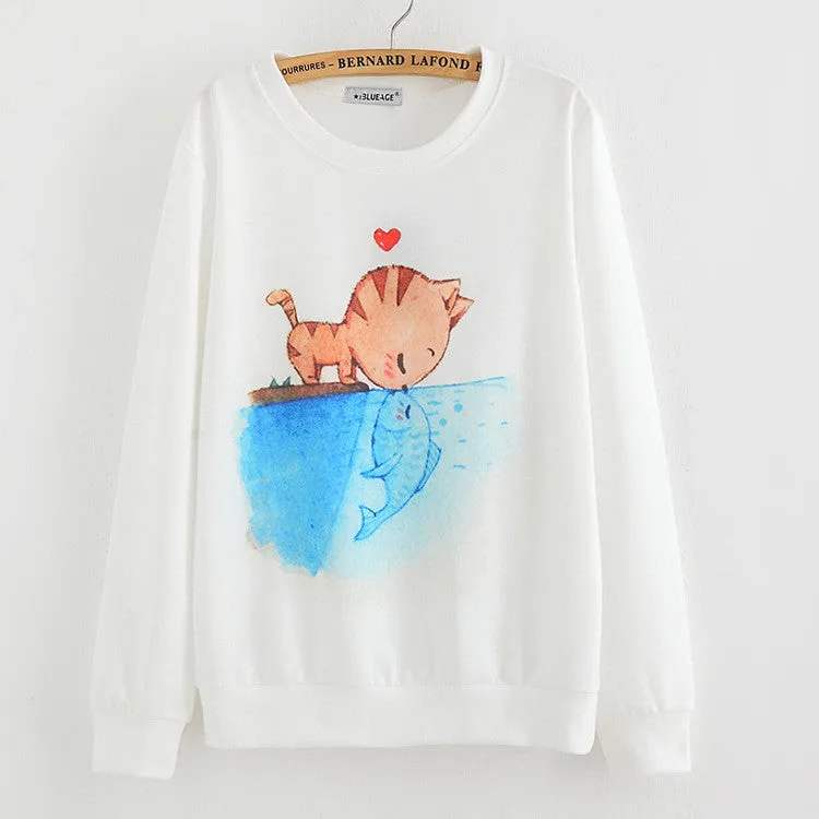 Hoody women Casual hoodies cat kiss fish print tracksuit long sleeve o neck letters sweatshirt for women Top