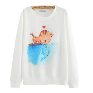 Hoody women Casual hoodies cat kiss fish print tracksuit long sleeve o neck letters sweatshirt for women Top