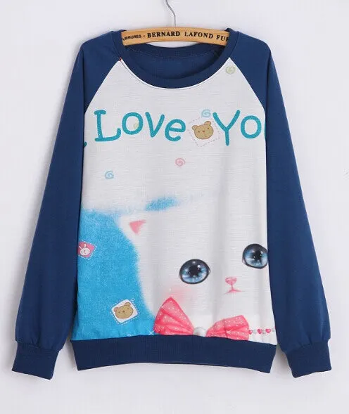 Hoody women Casual hoodies cat kiss fish print tracksuit long sleeve o neck letters sweatshirt for women Top