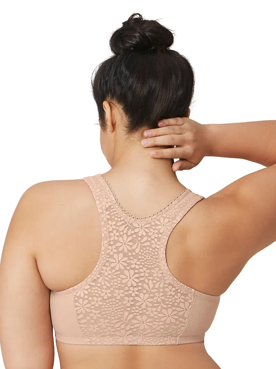 In Stock Glamorise Bra 1908 - Off Duty Front Close T-Back Comfort Bra - Beige