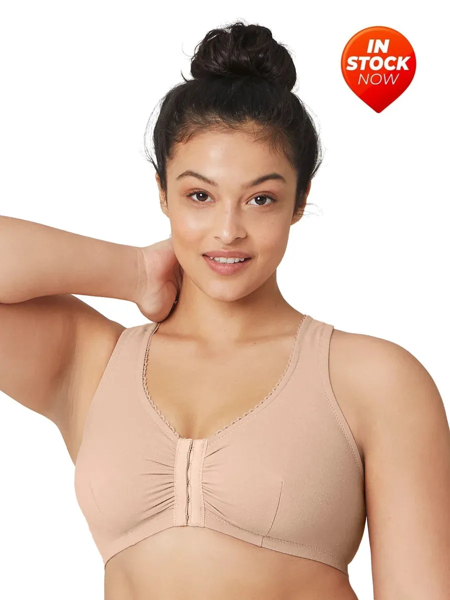 In Stock Glamorise Bra 1908 - Off Duty Front Close T-Back Comfort Bra - Beige
