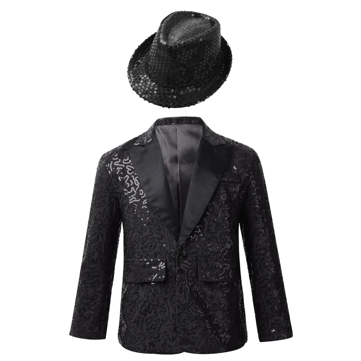 Kids Boys Stylish Sequins Suit Lapel One Button Jacket Coat Wedding Banquet Party Modern Jazz Dancing Performance Blazer Tuxedo