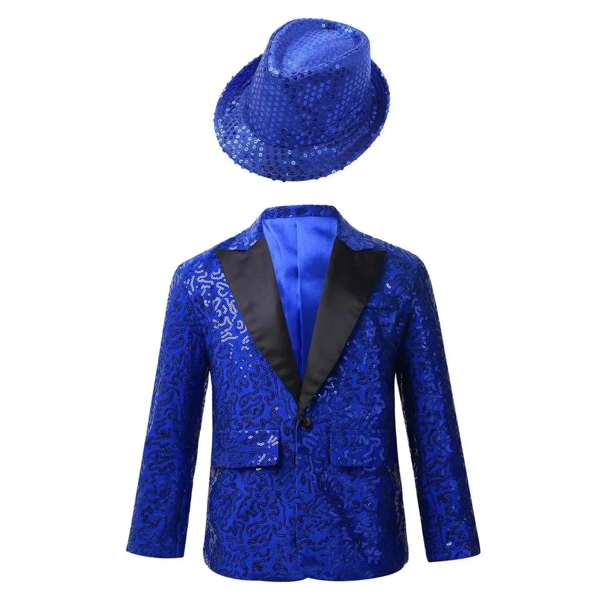 Kids Boys Stylish Sequins Suit Lapel One Button Jacket Coat Wedding Banquet Party Modern Jazz Dancing Performance Blazer Tuxedo