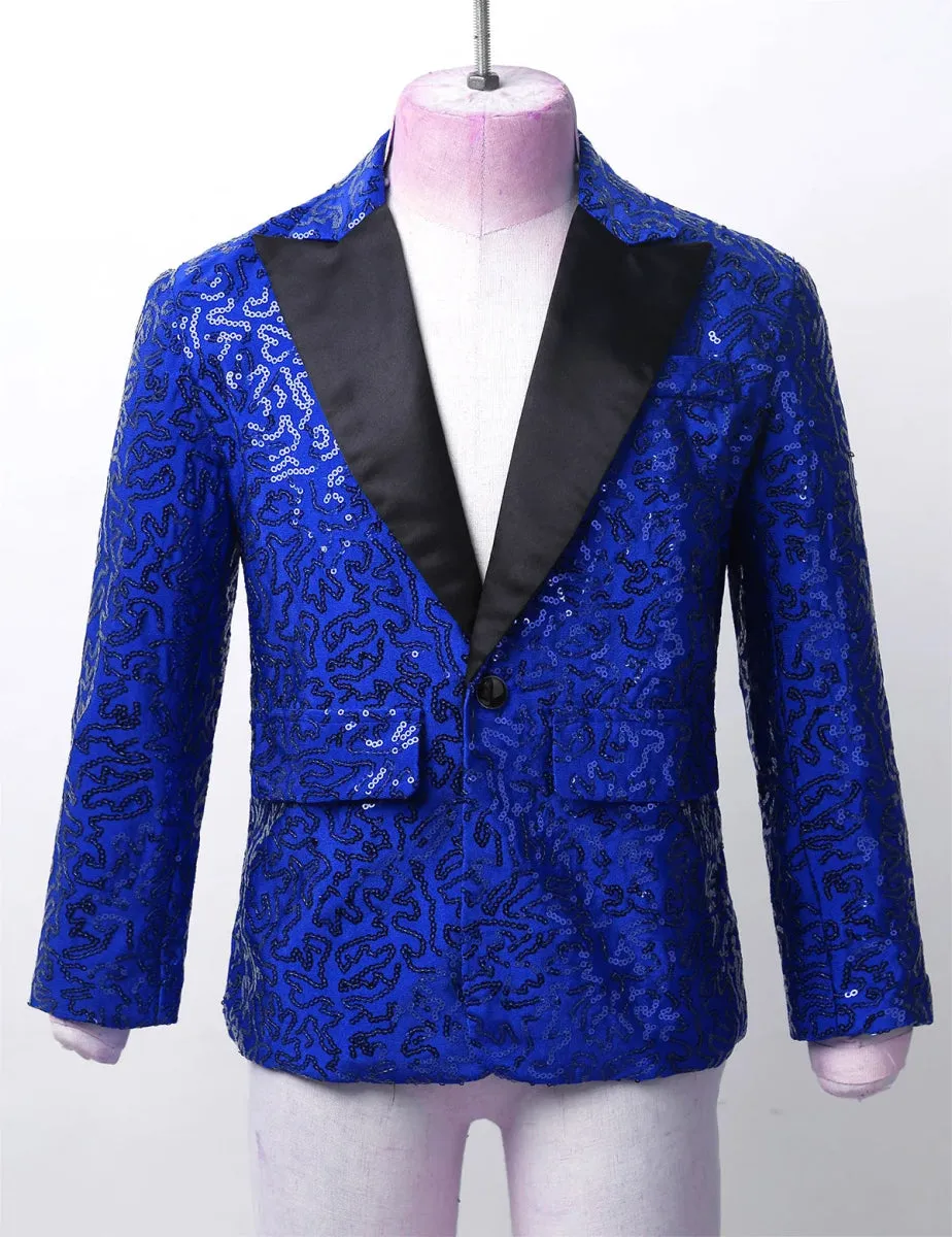 Kids Boys Stylish Sequins Suit Lapel One Button Jacket Coat Wedding Banquet Party Modern Jazz Dancing Performance Blazer Tuxedo