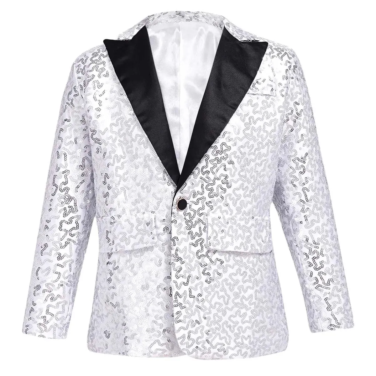 Kids Boys Stylish Sequins Suit Lapel One Button Jacket Coat Wedding Banquet Party Modern Jazz Dancing Performance Blazer Tuxedo