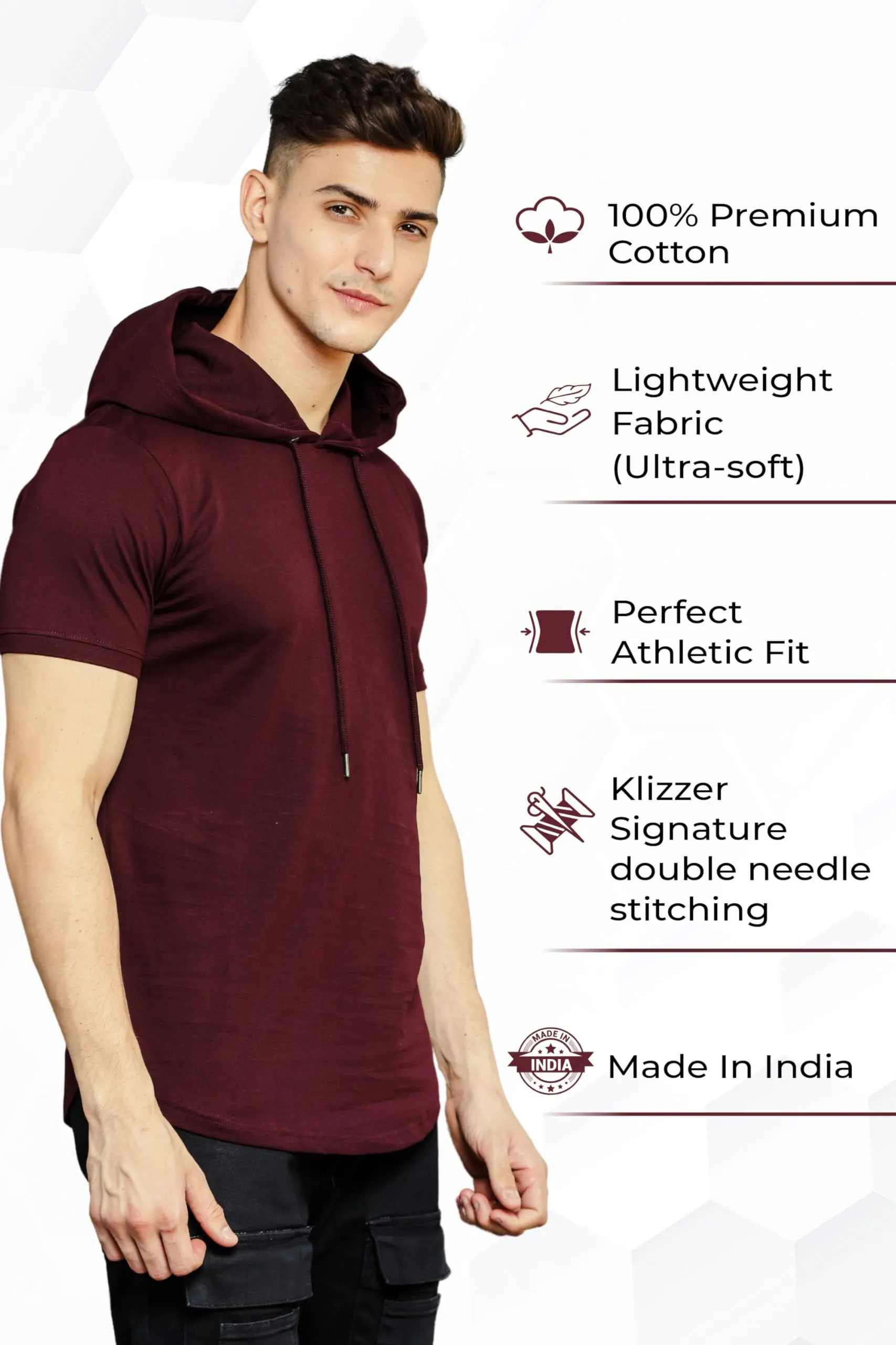 Klizzer Mens Short Sleeve Hoodie - Short Sleeve Sweatshirts for Men - Hooded T Shirts for Men - 100% Cotton Sweatshirts, Lightweight Summer Hoodie, Workout Athletic Pullover Hoodie Men, Maroon 2XL