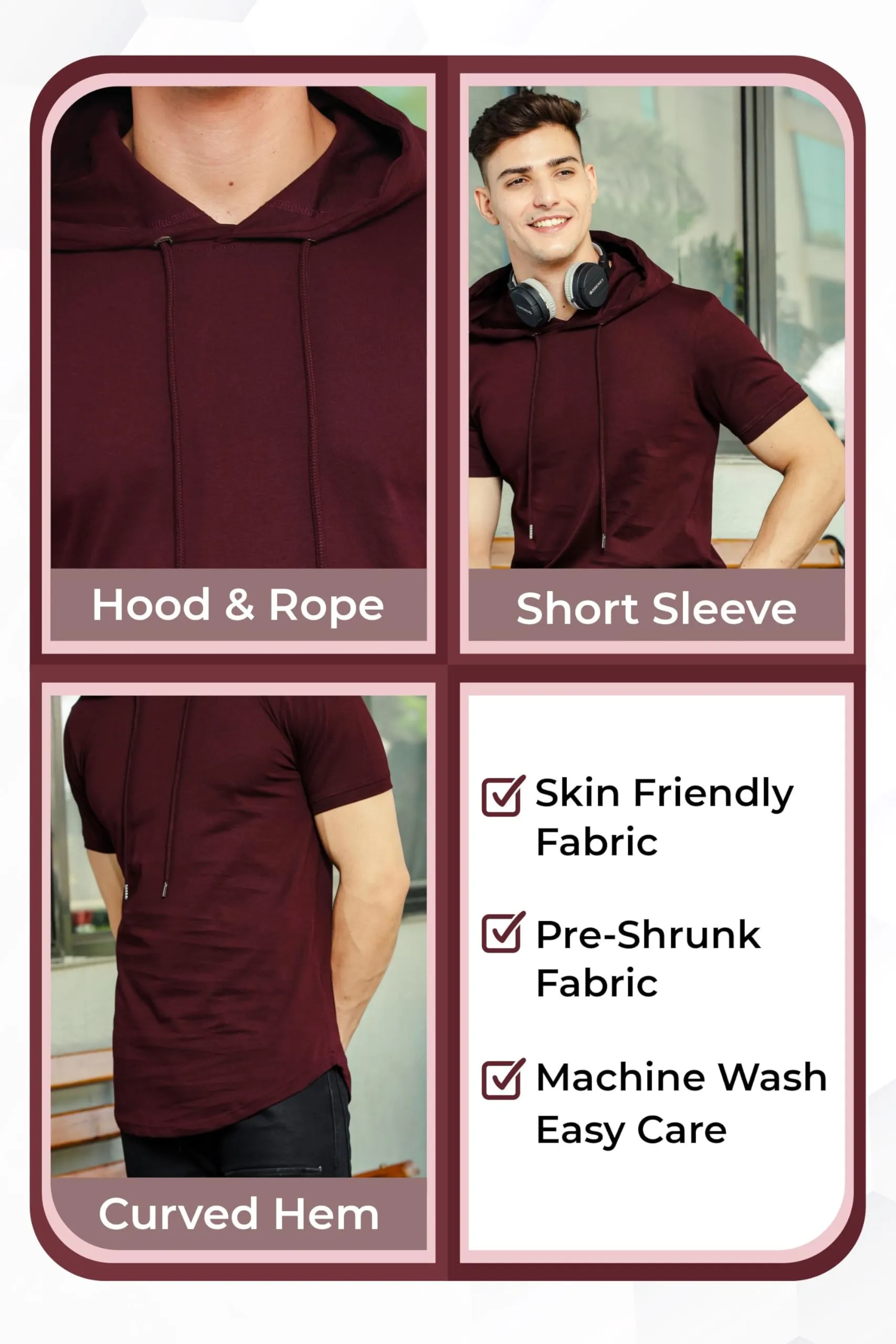 Klizzer Mens Short Sleeve Hoodie - Short Sleeve Sweatshirts for Men - Hooded T Shirts for Men - 100% Cotton Sweatshirts, Lightweight Summer Hoodie, Workout Athletic Pullover Hoodie Men, Maroon 2XL