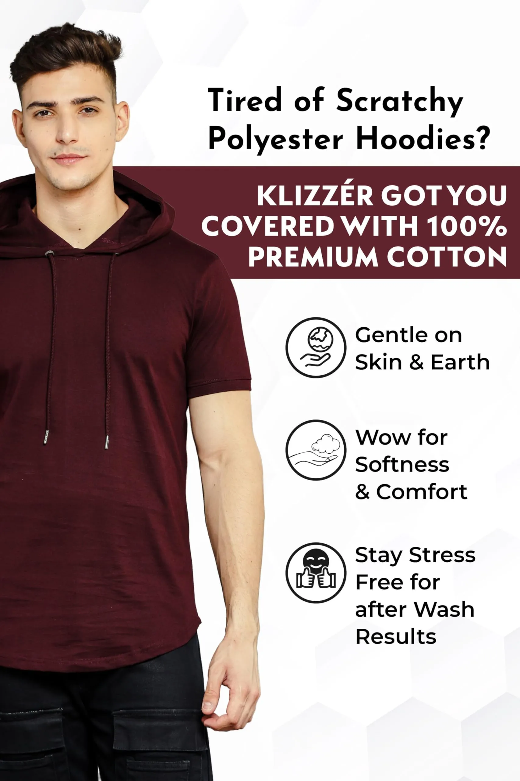 Klizzer Mens Short Sleeve Hoodie - Short Sleeve Sweatshirts for Men - Hooded T Shirts for Men - 100% Cotton Sweatshirts, Lightweight Summer Hoodie, Workout Athletic Pullover Hoodie Men, Maroon 2XL
