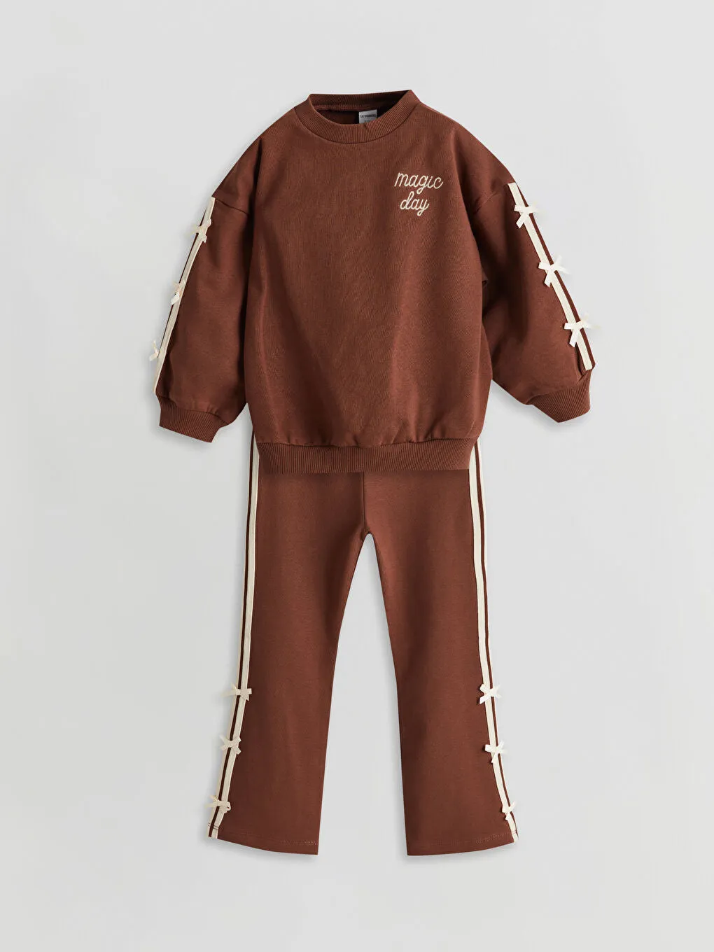 LCW Kids Brown Crew Neck Girl Printed Sweatshirt and Tights 2-Pack