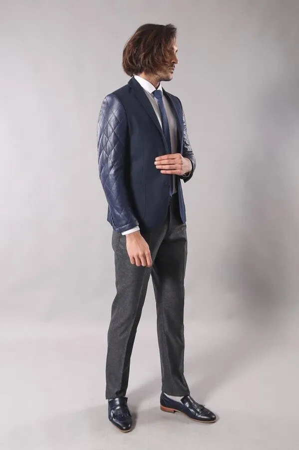 Leathered Sleeve Quilted Navy Blue Cache Blazer - Wessi