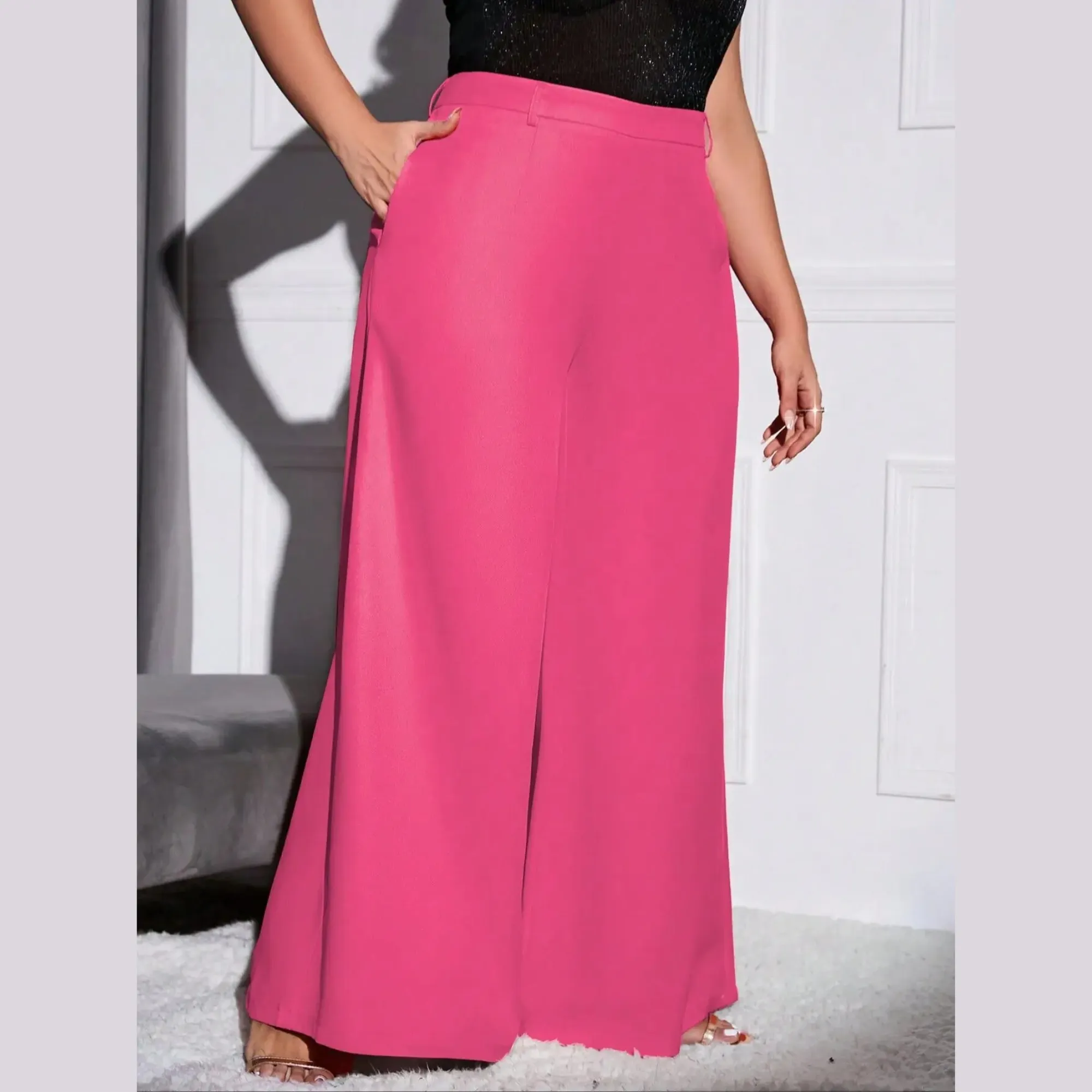 Lola - Pink Plus Size High Waist Wide Leg Pants