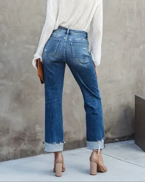 Lucy High Rise Cross Over Relaxed Jeans - Dark Blue