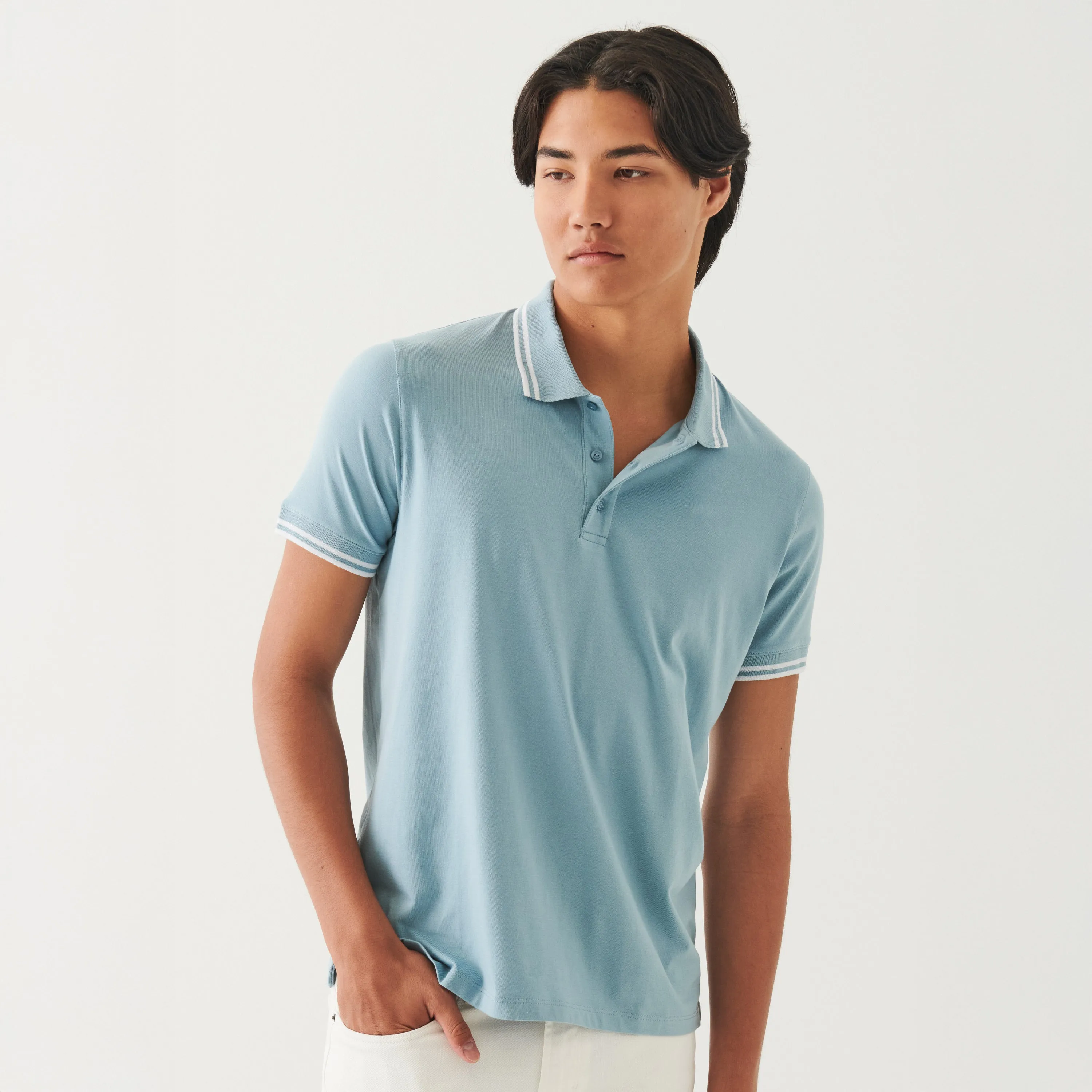 Misty Sky Iconic Pima Cotton Stretch Tipped Polo Shirt - Patrick Assaraf