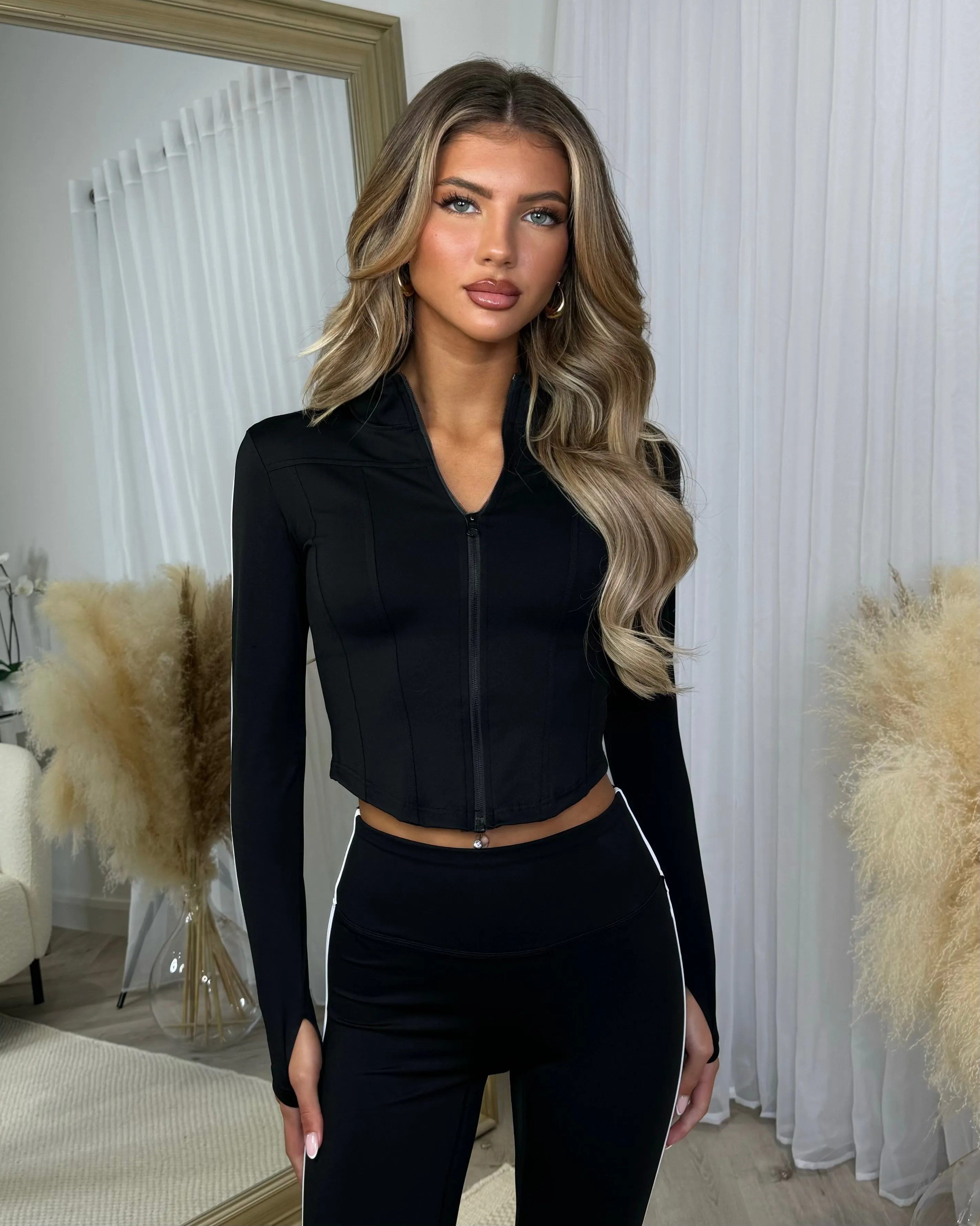 Molly Contrast Stripe Jacket & Flared Trouser Gym Set- Black