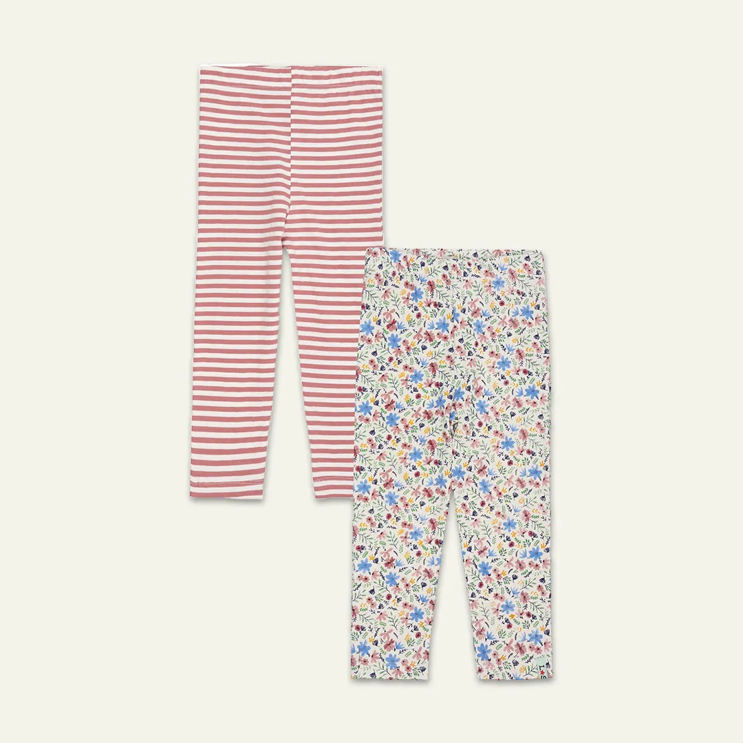 Multicoloured Stripe And Floral Print Leggings - 2 Pack