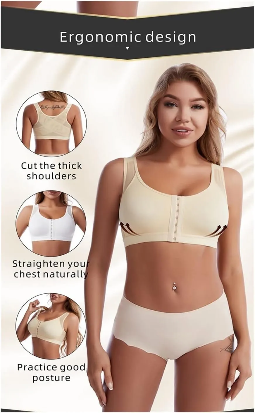 NEW Front Closure Posture Corrector Lift Up Bra Women Push Up Cross Back Underwear Shockproof Sports Support Fitness Vest Bras, Beige, Sz 2XL, Fits like XL-1X