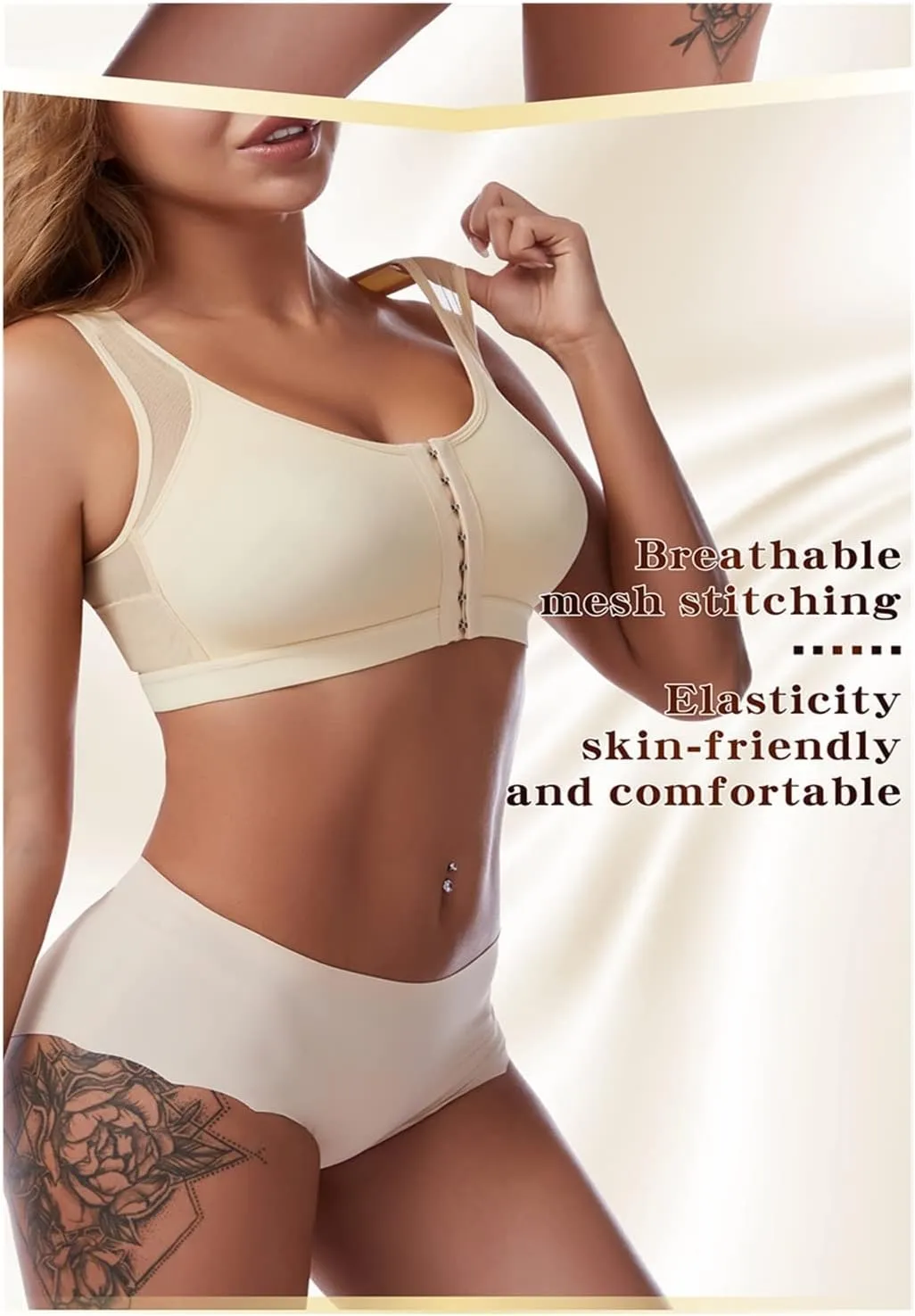 NEW Front Closure Posture Corrector Lift Up Bra Women Push Up Cross Back Underwear Shockproof Sports Support Fitness Vest Bras, Beige, Sz 2XL, Fits like XL-1X