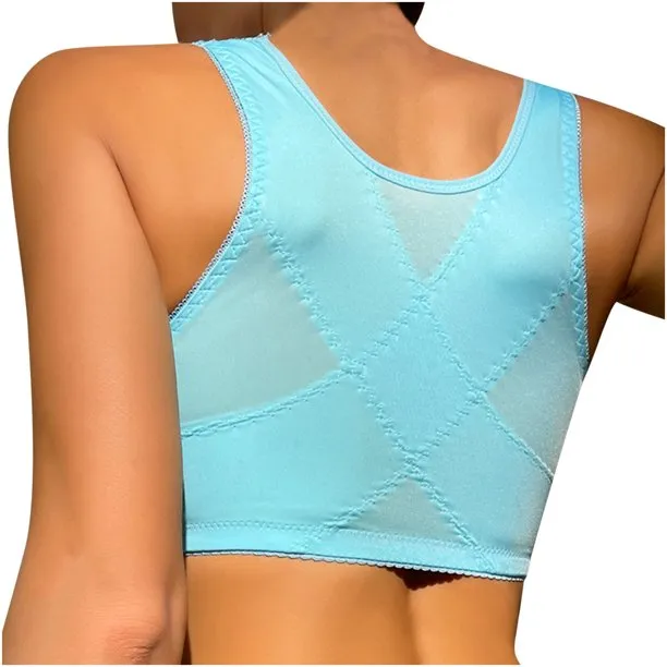 NEW Front Closure Posture Corrector Lift Up Bra Women Push Up Cross Back Underwear Shockproof Sports Support Fitness Vest Bras, Blue Sz M