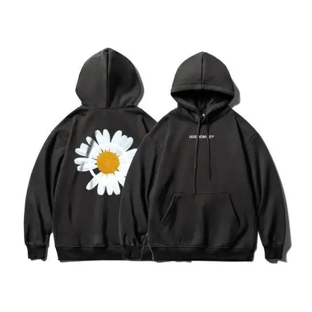 New Winter Loose Hooded Sweatshirts Men Thicken Warm Coat Hoodies Male Oversize Pullovers Sweatshirt Women Sunflower Printed Long Sleeve Pullover Sweatshirts Loose Drawstring Hoodie