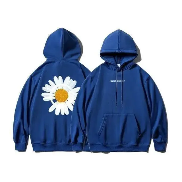 New Winter Loose Hooded Sweatshirts Men Thicken Warm Coat Hoodies Male Oversize Pullovers Sweatshirt Women Sunflower Printed Long Sleeve Pullover Sweatshirts Loose Drawstring Hoodie