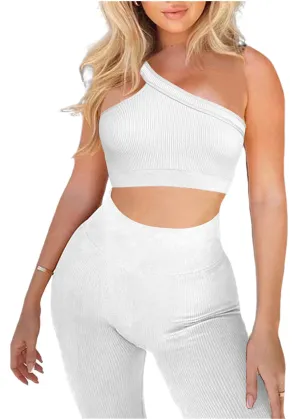 niyokki 2 Pieces Workout Sets for Women One Shoulder Ribbed Sport Bra Seamless High Waist Leggings GMY Exercise Outfits