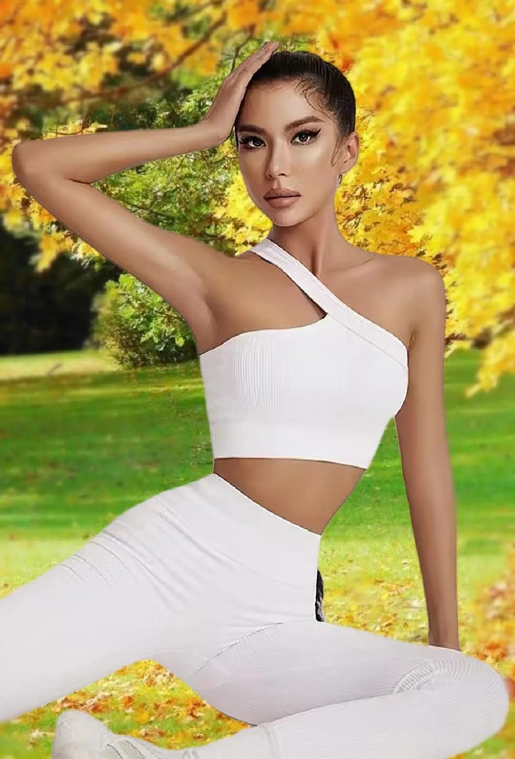 niyokki 2 Pieces Workout Sets for Women One Shoulder Ribbed Sport Bra Seamless High Waist Leggings GMY Exercise Outfits
