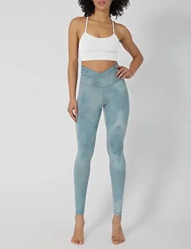 ODODOS Women's Cross Waist Yoga Leggings with Hidden Pocket, Compression Athletic Workout Running Leggings-Inseam 28", Tie Dye Blue, X-Large
