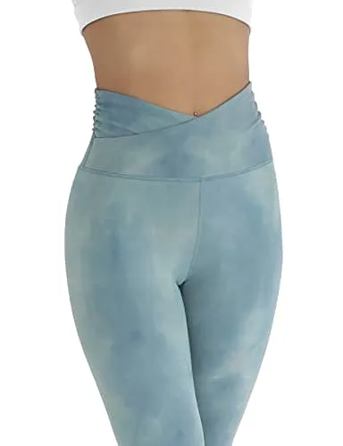 ODODOS Women's Cross Waist Yoga Leggings with Hidden Pocket, Compression Athletic Workout Running Leggings-Inseam 28", Tie Dye Blue, X-Large