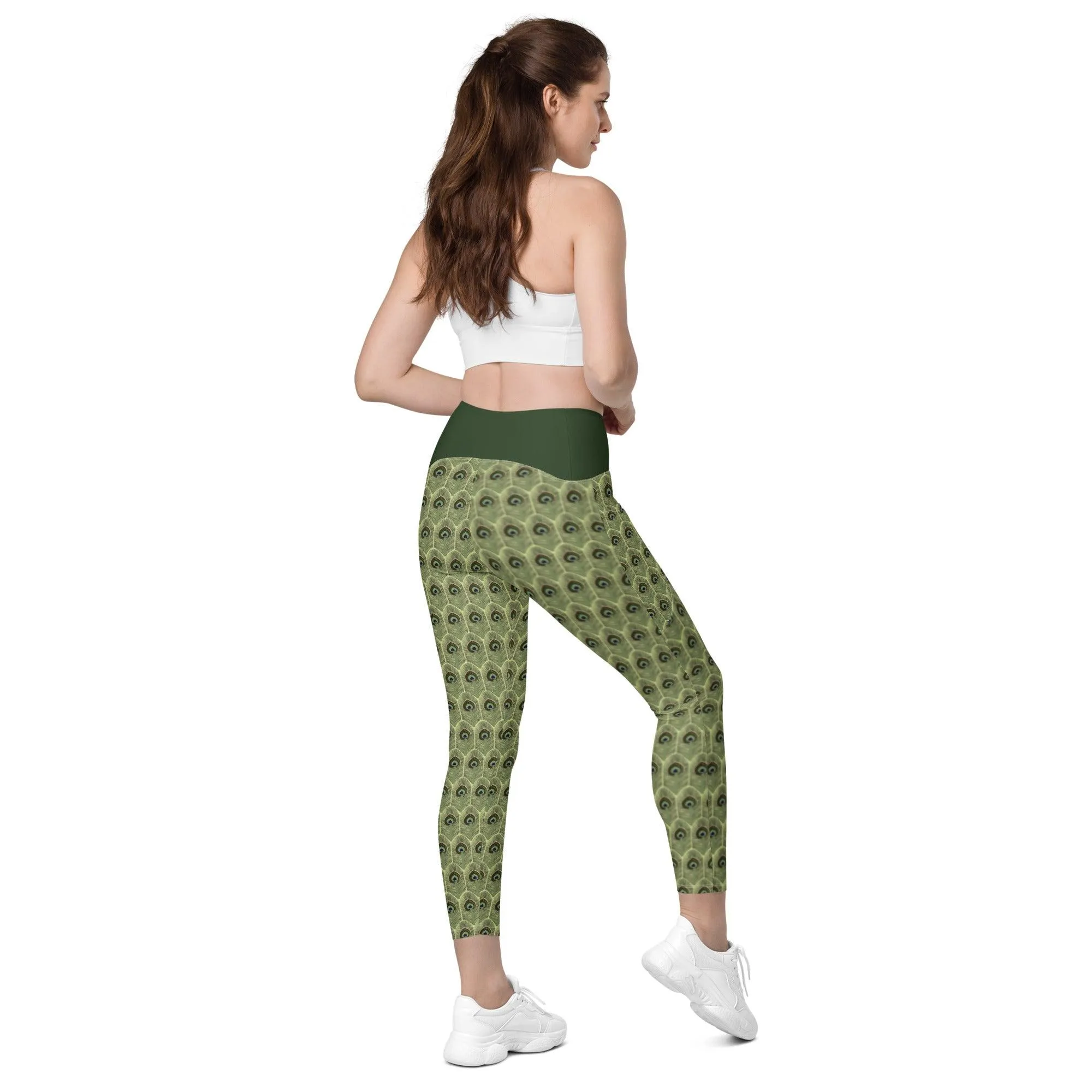 Peacock Feathers Crossover Leggings | with Pockets |