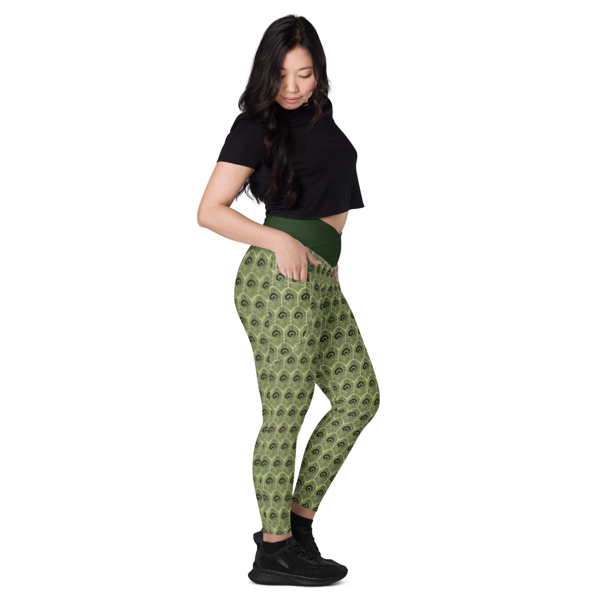 Peacock Feathers Crossover Leggings | with Pockets |