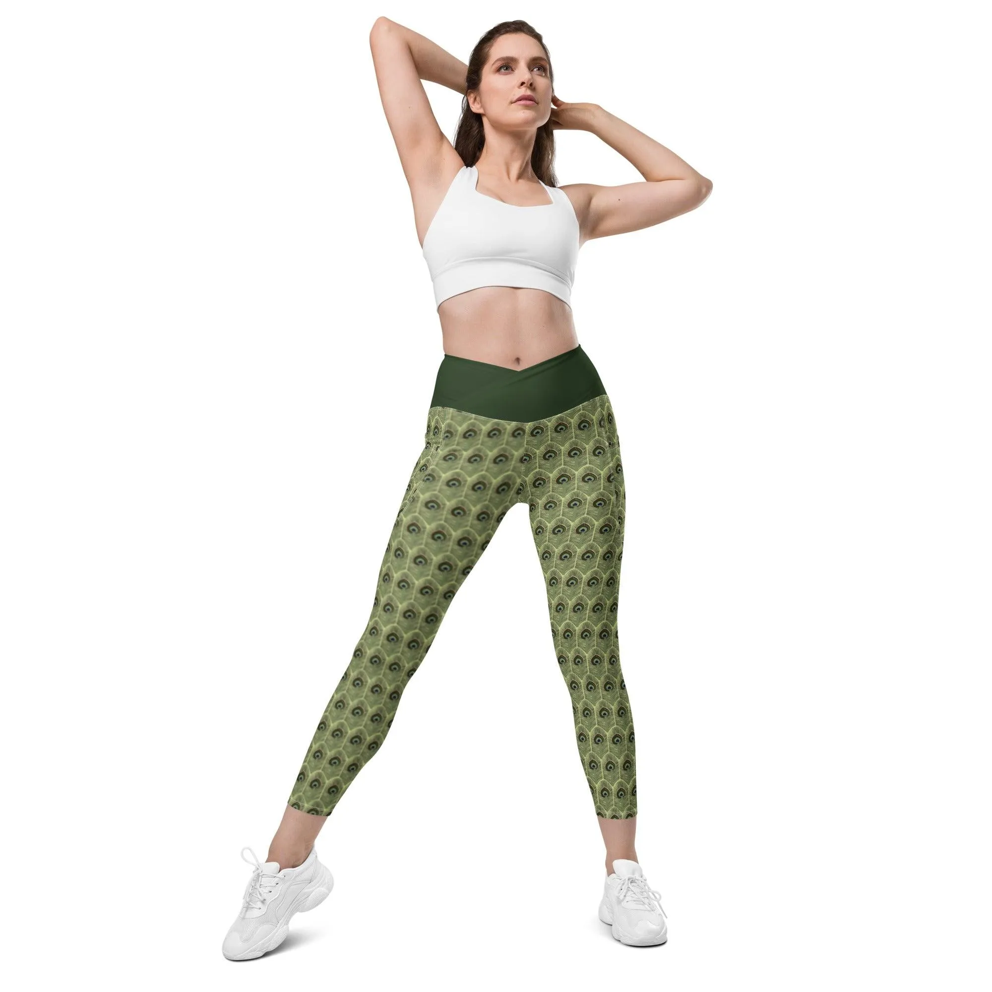 Peacock Feathers Crossover Leggings | with Pockets |