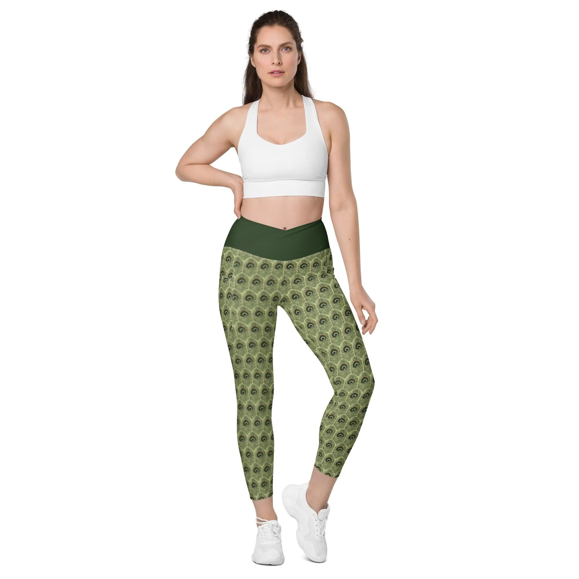 Peacock Feathers Crossover Leggings | with Pockets |