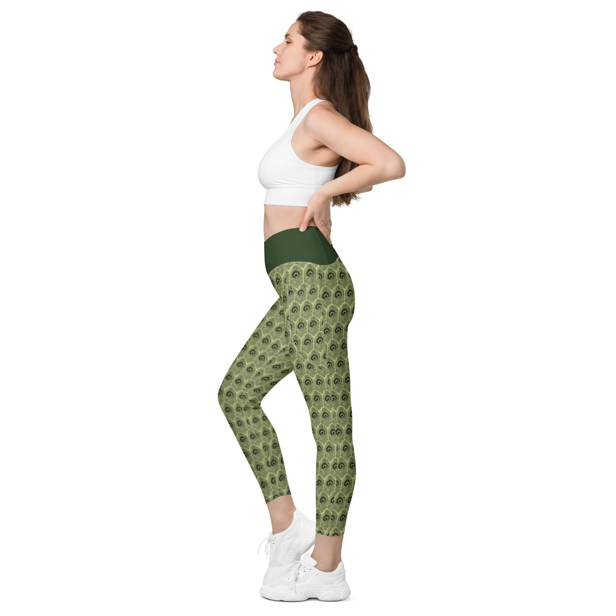 Peacock Feathers Crossover Leggings | with Pockets |