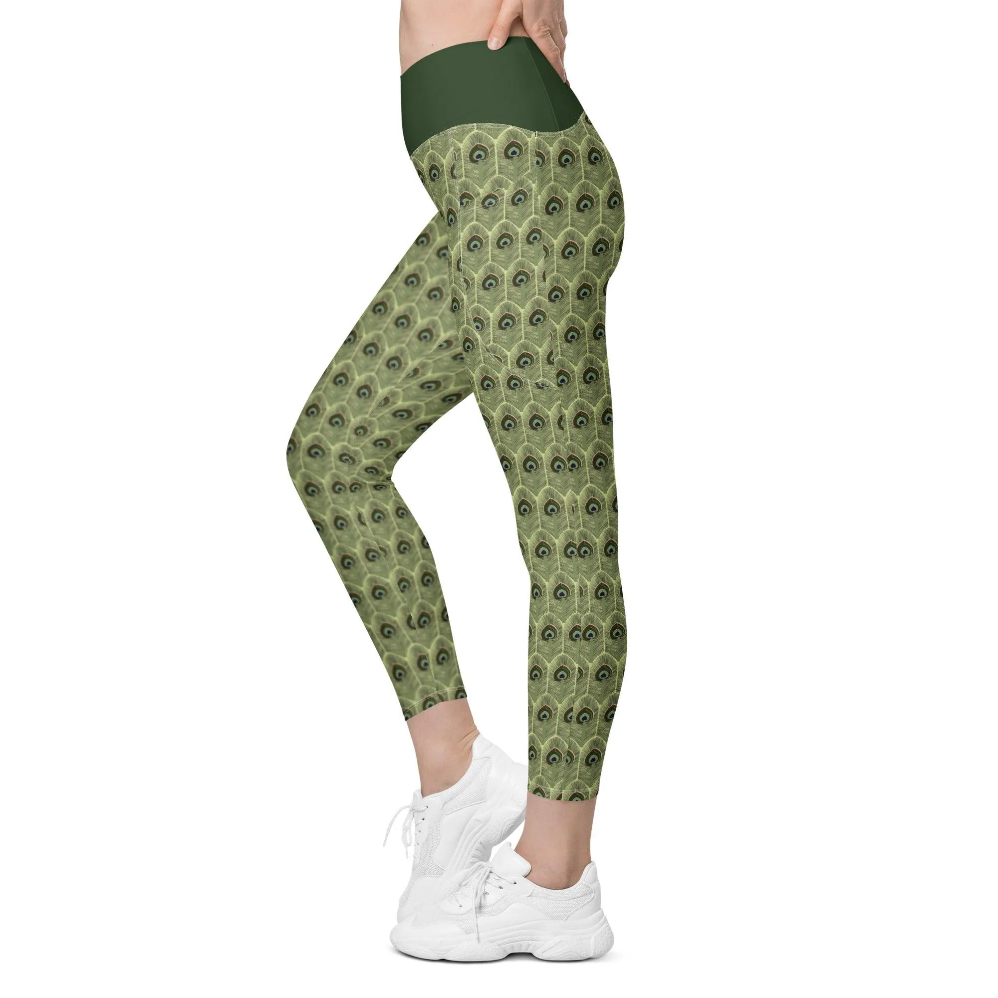 Peacock Feathers Crossover Leggings | with Pockets |